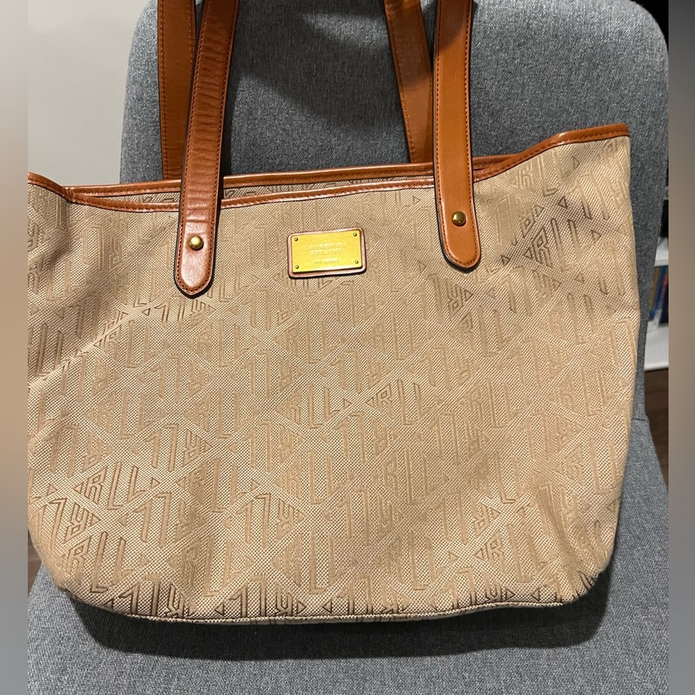 RALPH LAUREN SIGNATURE VINTAGE KHAKI TAN MEDIUM CLASSIC SATCHEL TOTE SHOPPER BAG